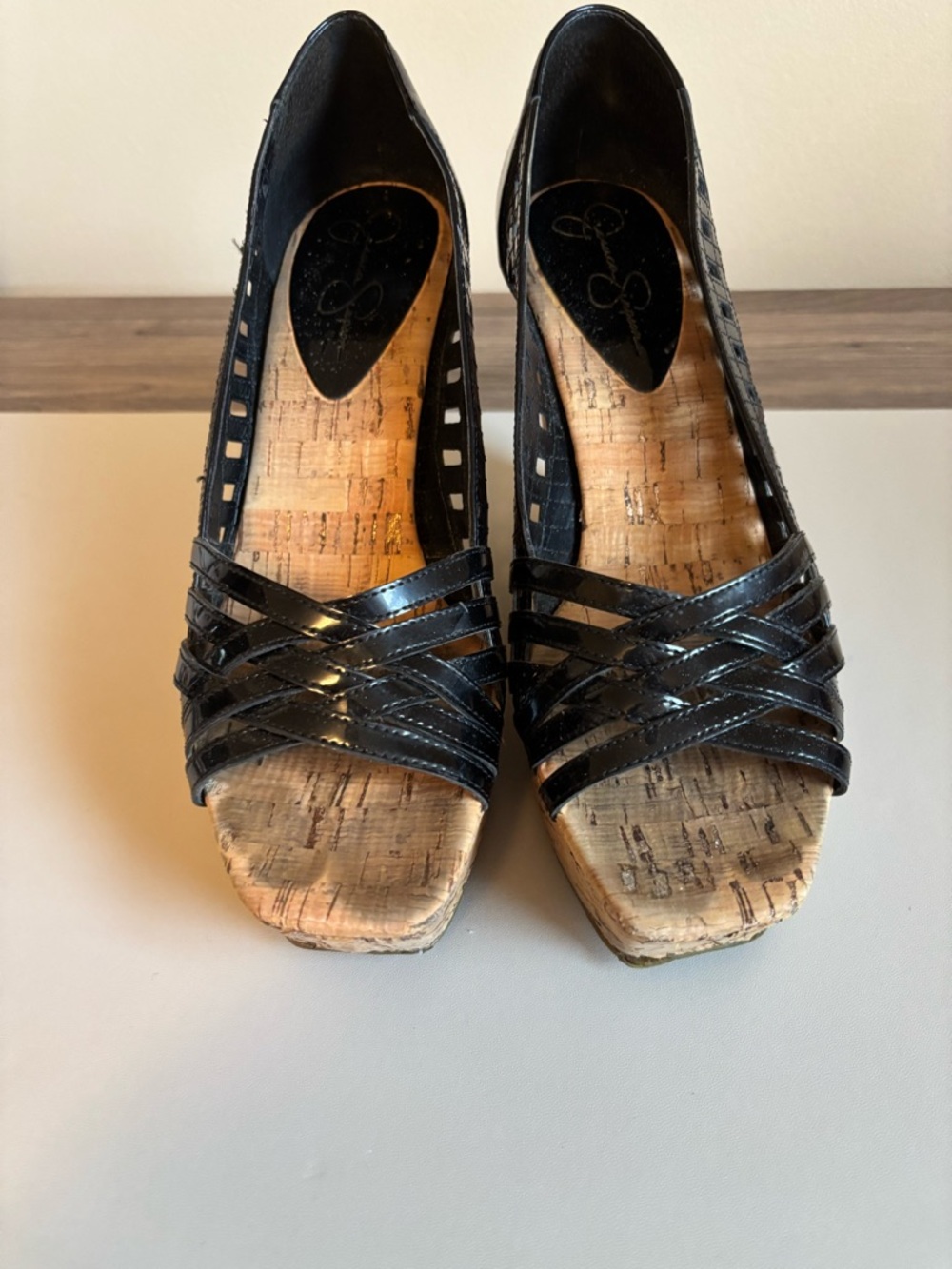 Jessica Simpson Black Patent Cork Wedge Sandals